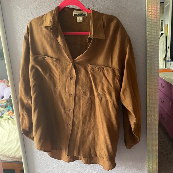 VINTAGE Marnie West Silk Button Down Shirt, Brown, Size M - Picture 1 of 4